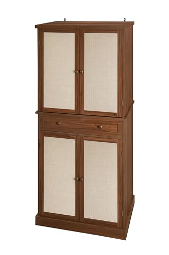 Kitchen Pantry Storage Cabinet with 4 Rattan Doors and Drawer, Walnut T55631