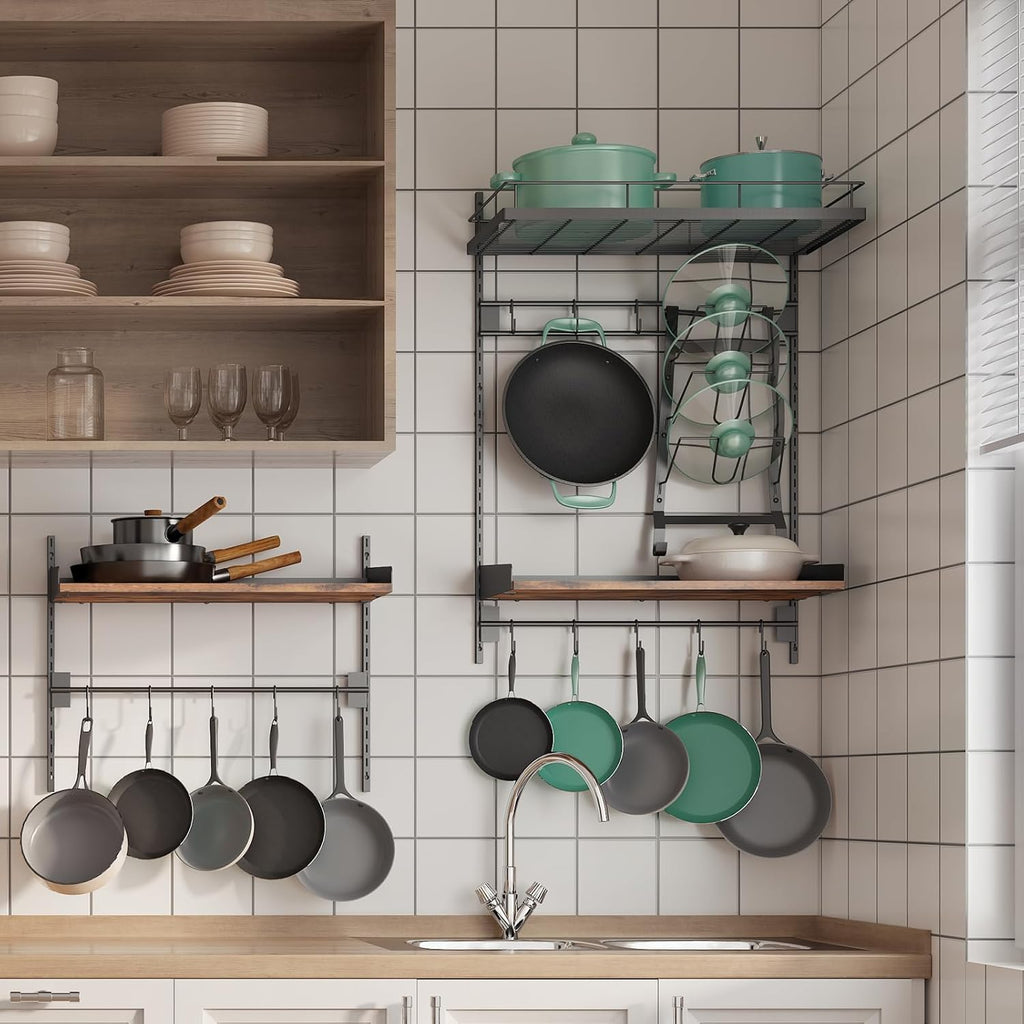 Hanging Pot Rack Wall Mounted 2 Tier with 8 Hooks for Kitchen Storage M925