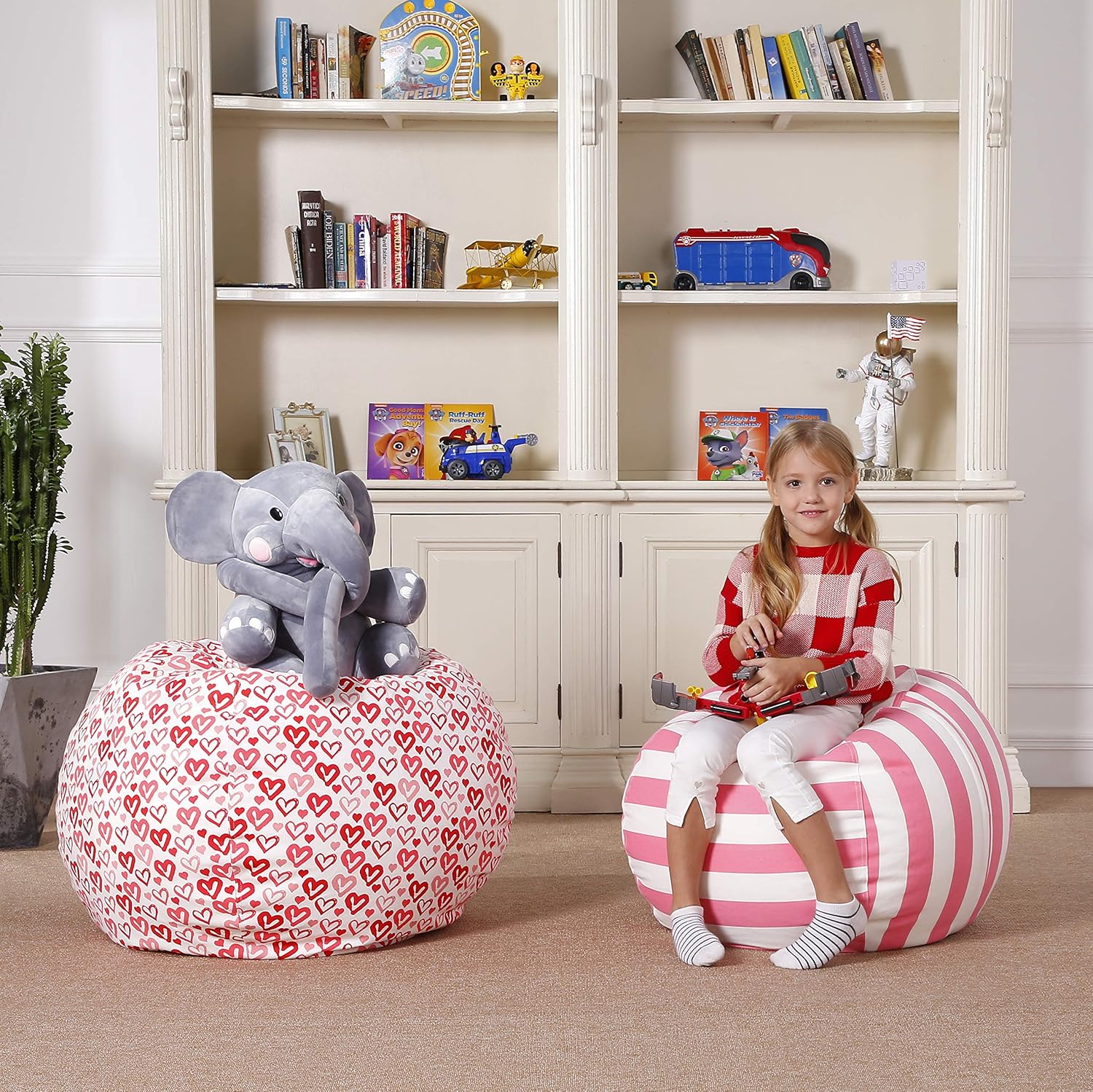 Aubliss Stuffed Animal Bean Bag Storage Chair, Canvas Stripes Pink/White, Medium 32" H473500
