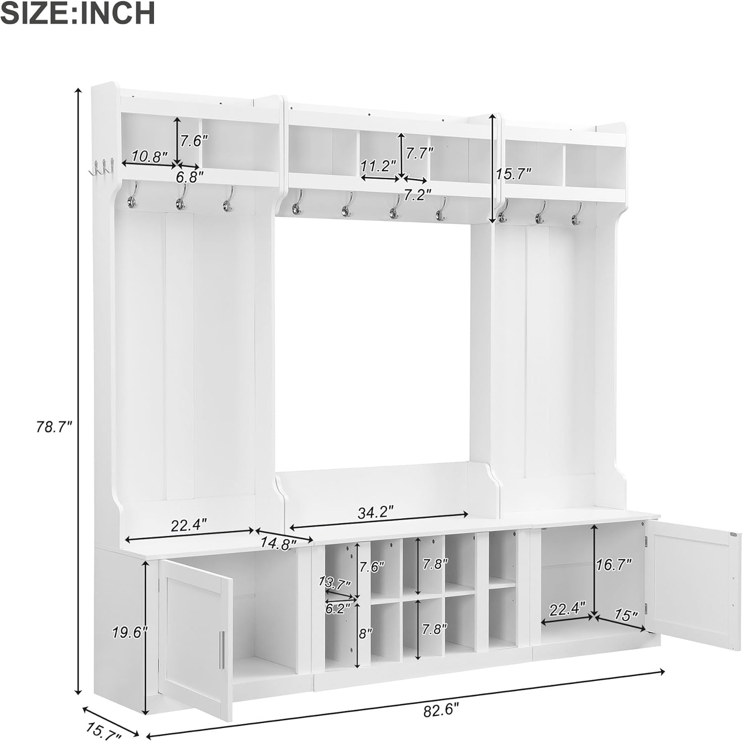 VOXIV Wide Hall Tree with Storage Bench and Coat Rack, White P278301