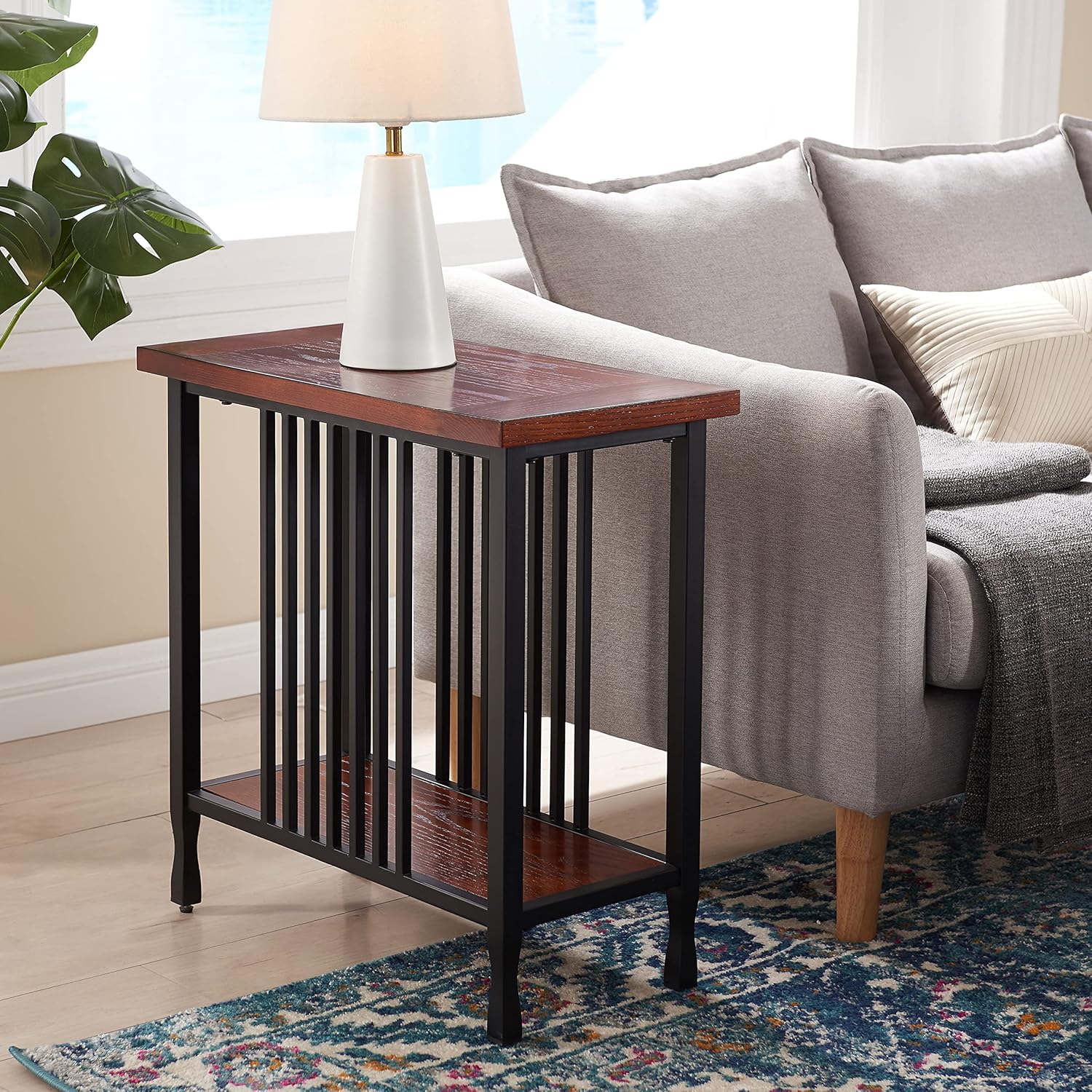 Leick Home Ironcraft Rustic Narrow Chairside Table with Shelf, Mission Oak and Matte Black F405