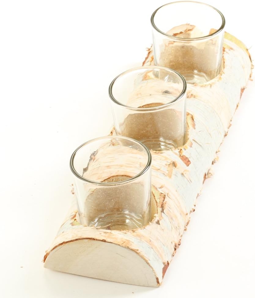 Koyal Wholesale Birch Wedding 10-Inch Birch Log Candle Holder with 3 Glass Candle Holders, Real Wood Log Decor