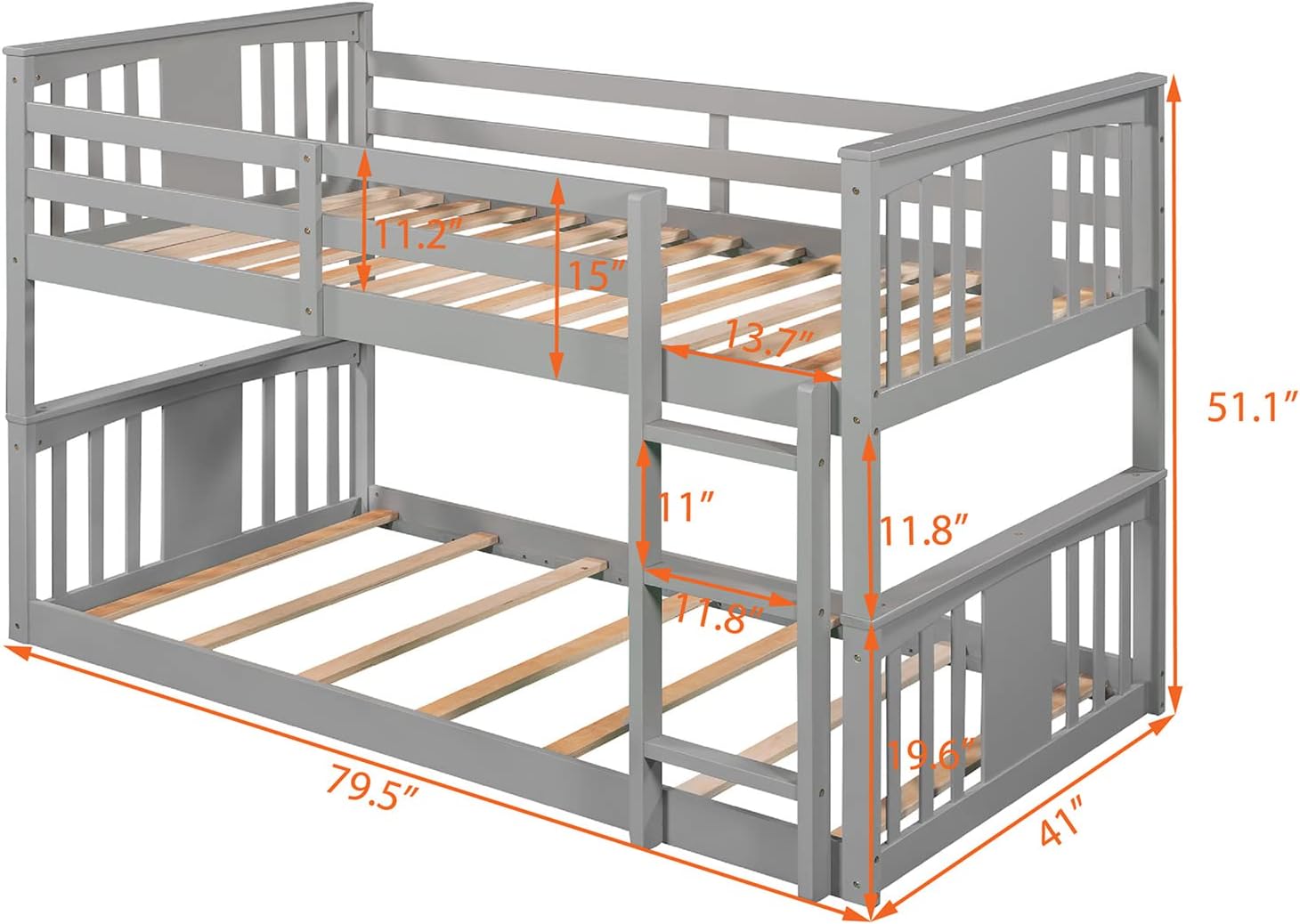 Twin over Twin Low Bunk Bed Frame Wood for Kids, Gray Z1308