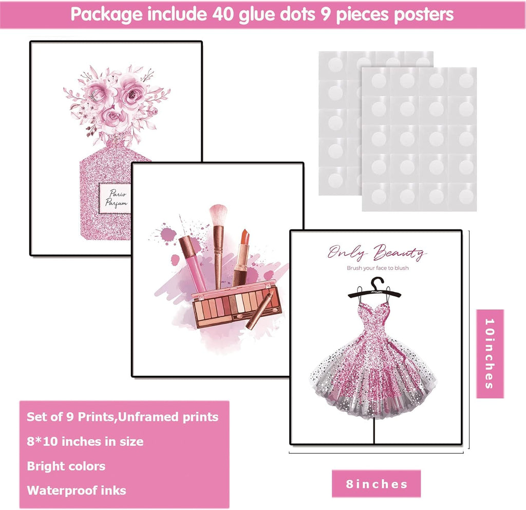 DRBLUEB Pink Flower Perfume Paris Wall Art Prints Set of 9 Unframed Y743571