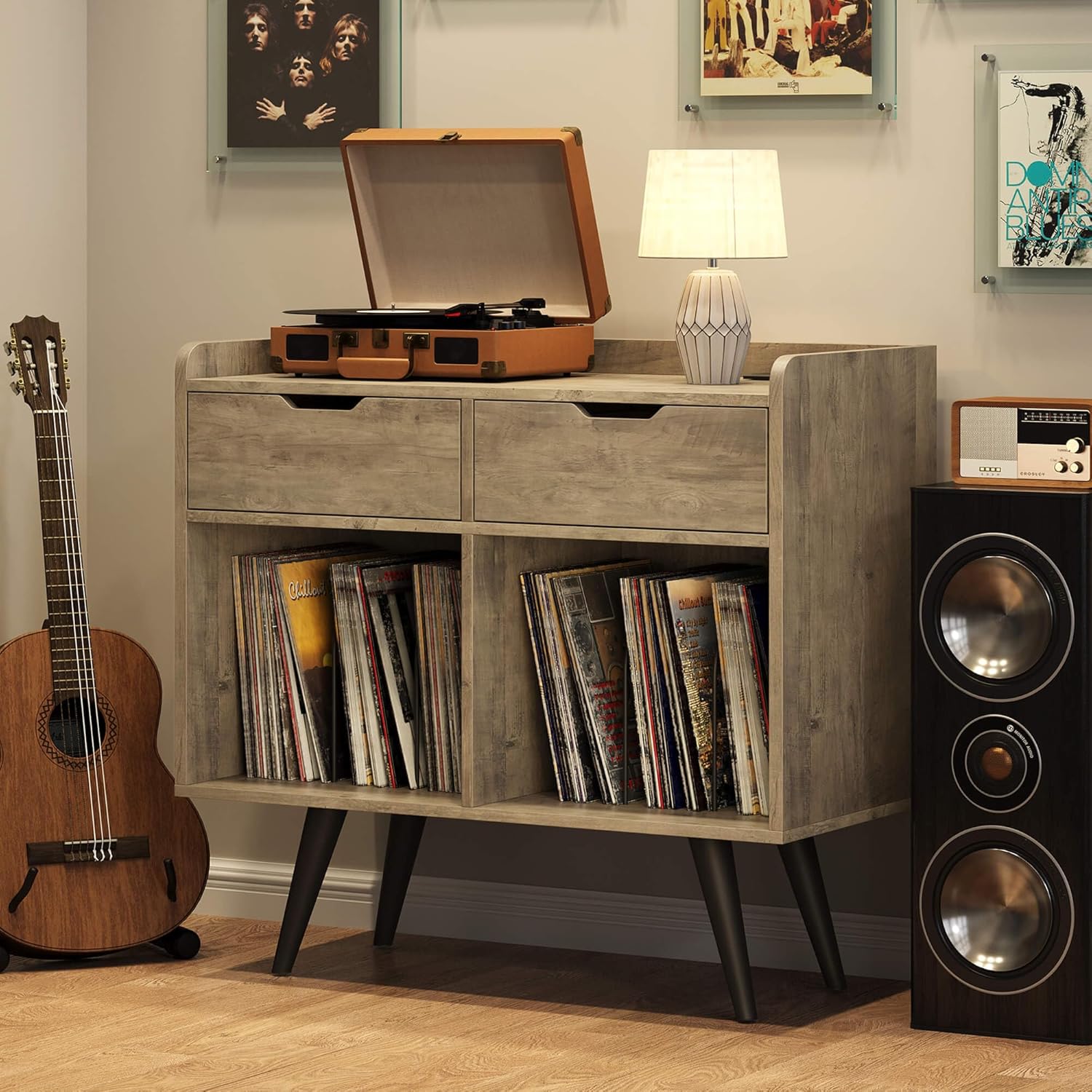 Record Player Stand with Storage, Farmhouse Turntable Cabinet, Gray S683