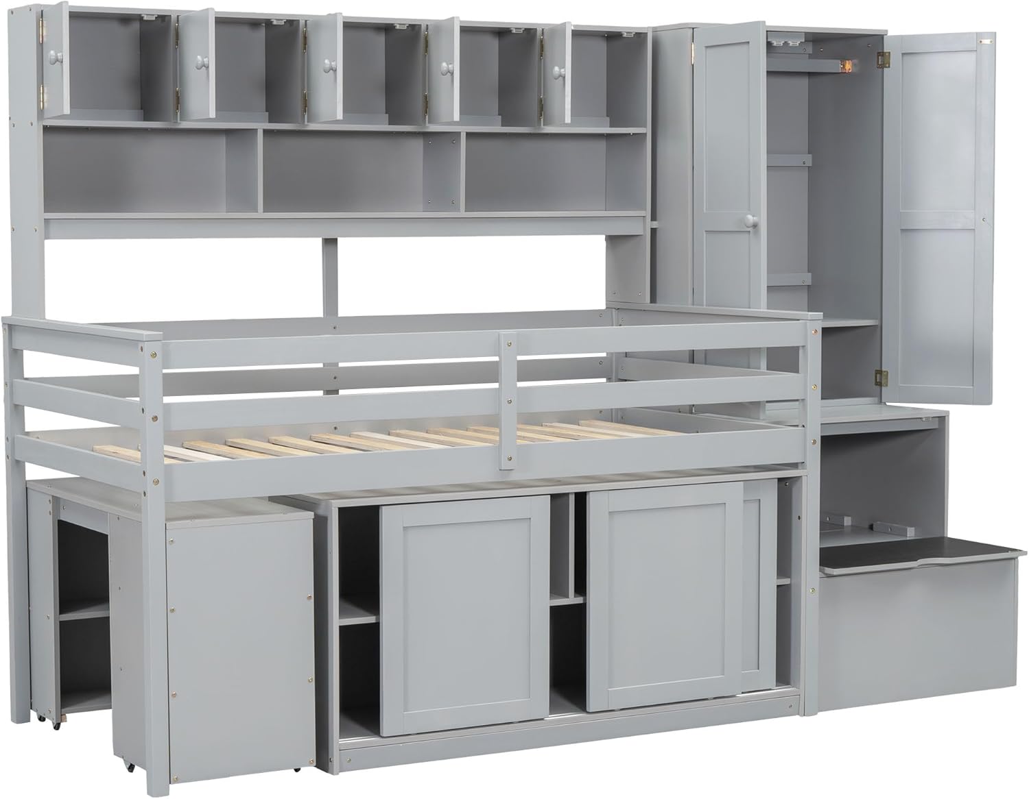 Twin Size Loft Bed for Kids with Desk, Storage Stairs and Wardrobe, Gray P5870
