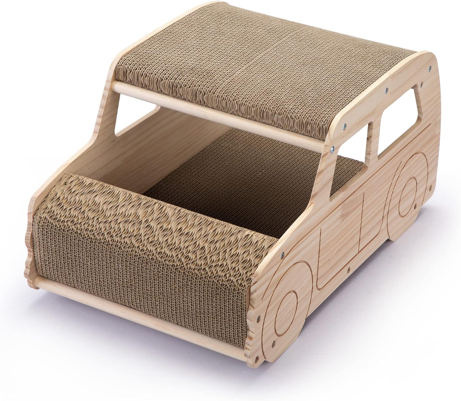2-in-1 Wood Corrugated Cat Scratcher Car-Shaped Cat House Y208
