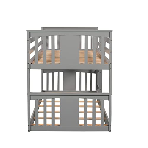 Harper & Bright Designs Solid Wood Twin over Twin Low Bunk Bed with Ladder and Guard Rail, Gray B944521