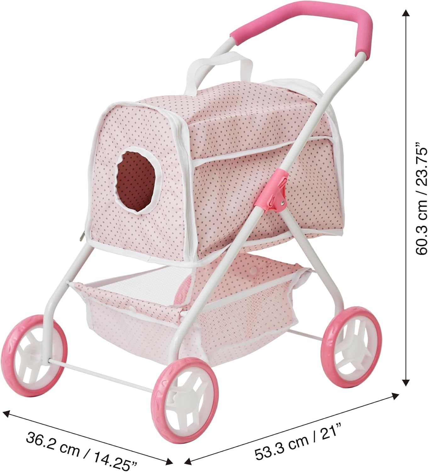 Olivia's Little World Polka Dots Princess Doll Stroller with Detachable Pet Carrier, Pink/Gray H22563