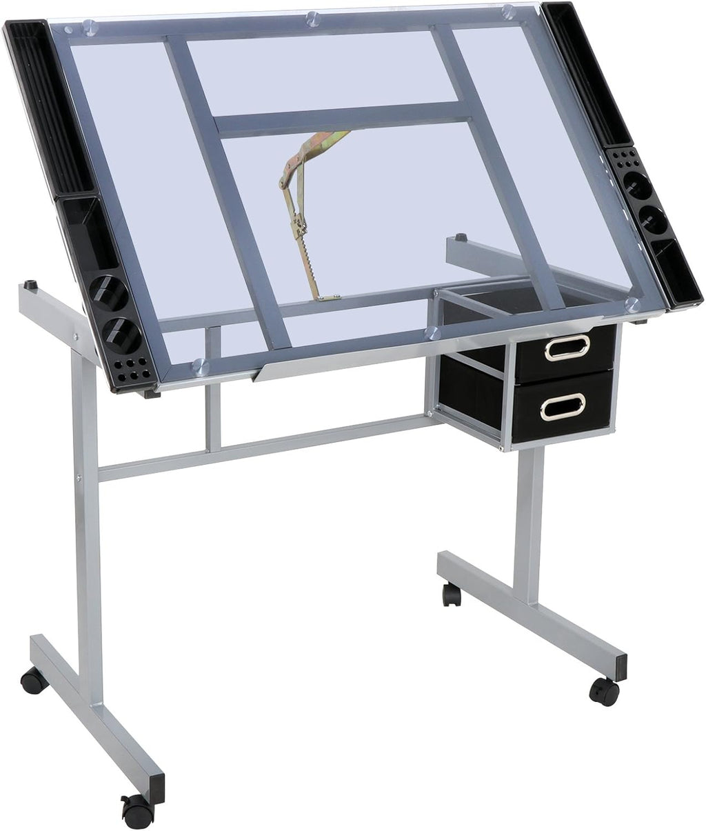 Drafting Table, Height Adjustable Artist Desk with Slide Storage Drawers and Wheels, Work/Art Station for Drawing, Writing, Home Office