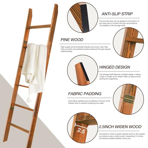 6-Tier Wooden Blanket Ladder with Anti-Slip, Rustic Farmhouse Towel Rack B2758