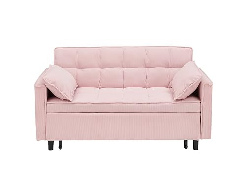 Corduroy Pull-Out Sofa Bed with Side Pockets, Beige D24389