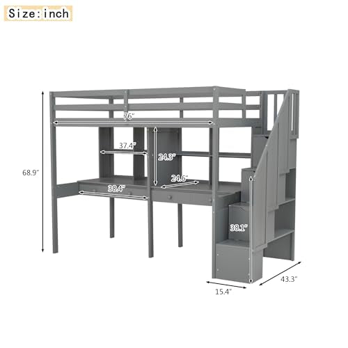 Full Size Loft Bed with Desk, Wardrobe and Storage Drawers, Gray N7914