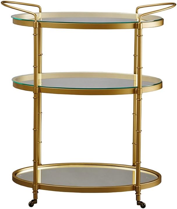 Antique Gold Bar Cart with Glass Shelves, Rolling Beverage Serving Cart M42000