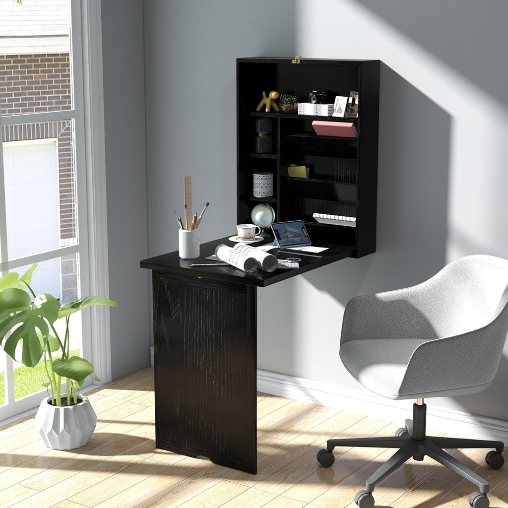 Wall Mounted Desk with Storage Shelves for Home Office, Black S5875