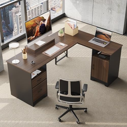 Bestier L Shaped Desk with File Drawers, 63" x 47" Office Computer Desk, Gray L48241