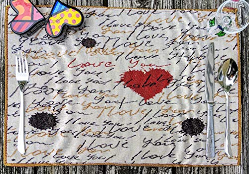 Tache Valentine Placemats Heart Placemat Beige Vintage Farmhouse Woven Tapestry Set of 4 M759