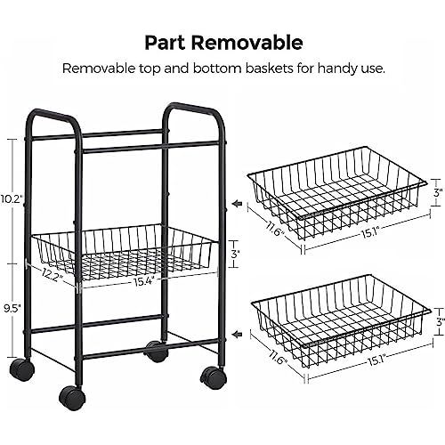 SONGMICS 3-Tier Metal Rolling Utility Cart with Lockable Wheels, Black H714846