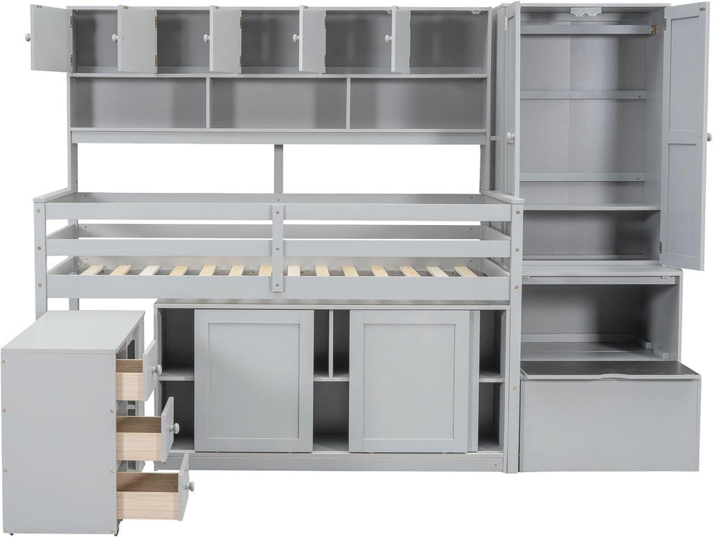 Twin Size Loft Bed for Kids with Desk, Storage Stairs and Wardrobe, Gray P5870