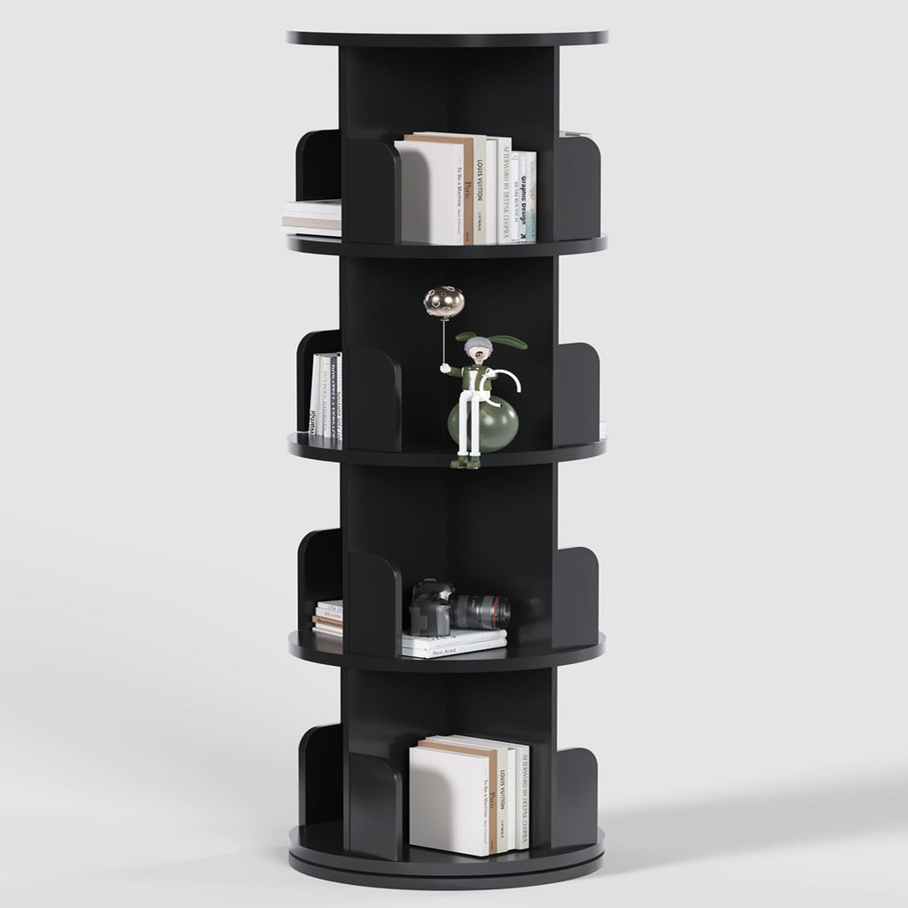 DMAITH Rotating Bookshelf, 360° Display Corner Bookcase for Small Space, 4 Tier Floor Standing Bookshelf Storage Rack, Wood Bookshelf Organizer for Kids' Room, Study Room, Bedroom, Black