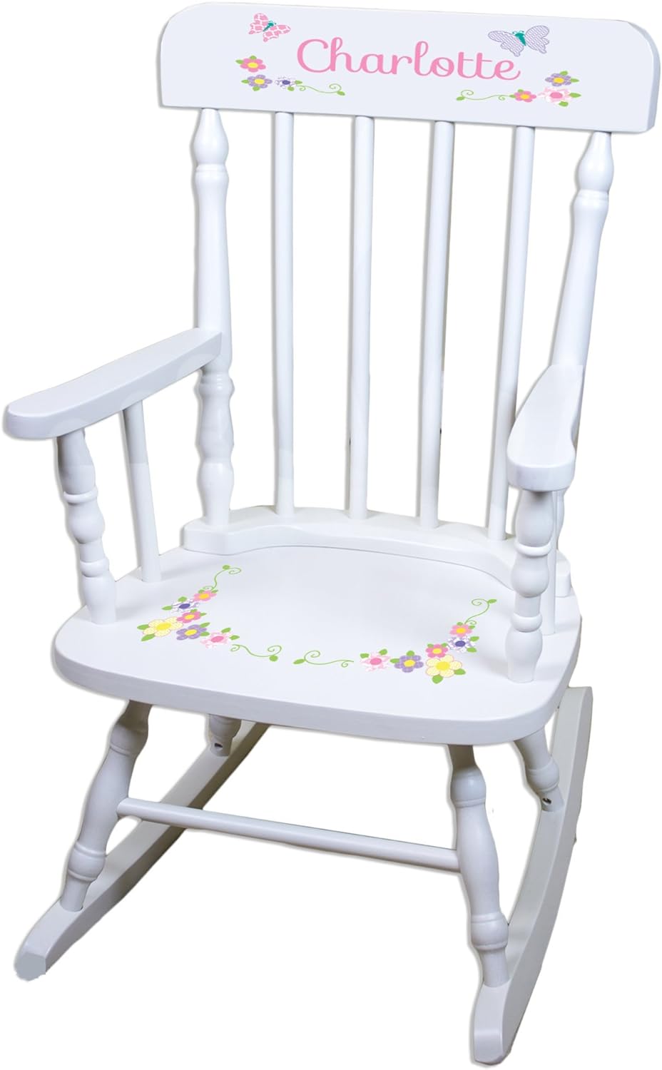 Personalized Pastel Butterfly Garland White Childrens Rocking Chair