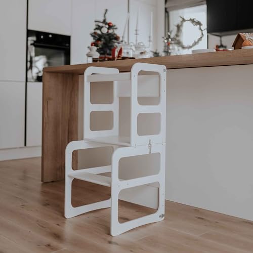 Kitchen Tower - Montessori Tower and Step Helper for Children - Foldable Study Table and Chair - Kitchen Helper (Black Color)