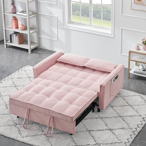 Corduroy Pull-Out Sofa Bed with Side Pockets, Beige D24389
