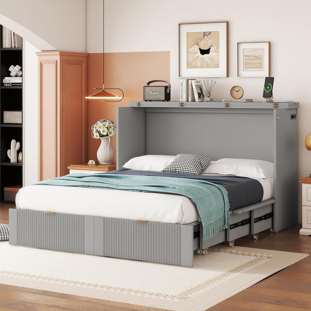 Full Size Murphy Bed Wall Bed with Storage Drawers, Foldable Platform Bed with A Set of Sockets, Cabinet Bed for Home Office or Small Room, Pulley Structure Design (Gray-Full Size-USB Ports)
