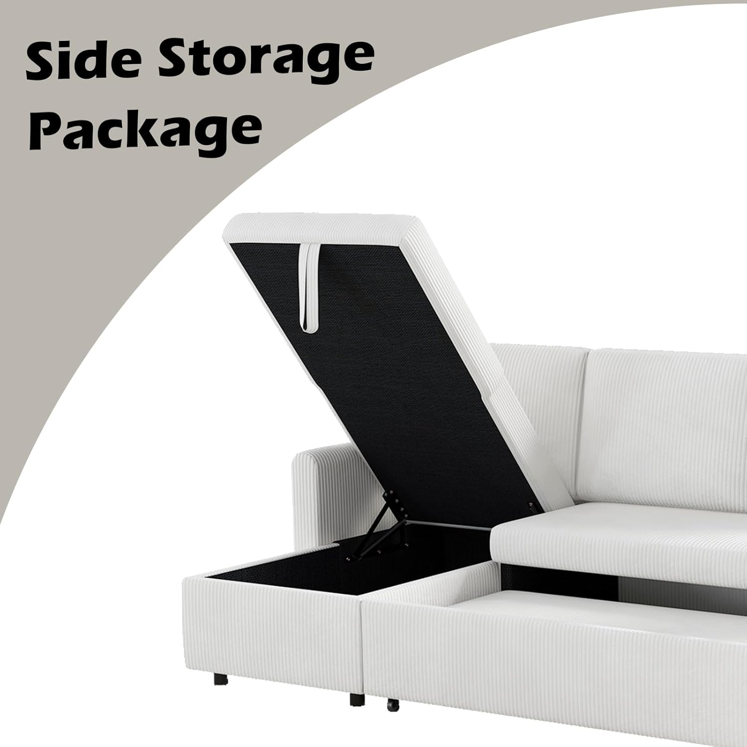Convertible Sleeper Sofa Bed 3 in 1, Corduroy L-Shaped Sectional with Storage, Beige I696464