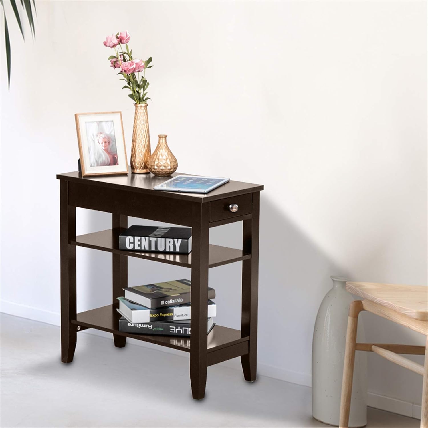 Brown End Table with Drawer, Narrow Side Table with 2-Tier Open Storage Shelves, Slim Side End Table Compact Nightstand Bedside Table for Living Room Bedroom Small Space 11.2" L x 23.62" W x 24" H