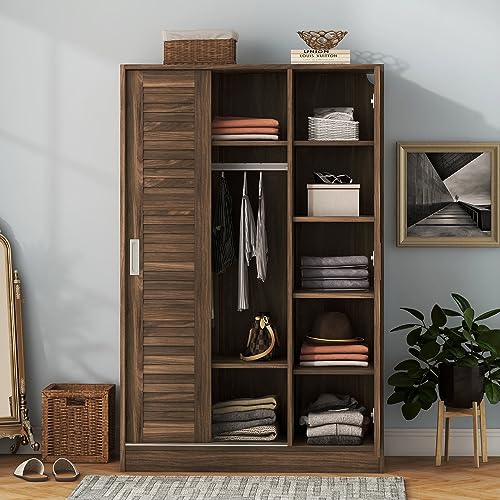 3 Door Wardrobe Armoire with Sliding Doors and Storage Shelves, Walnut X563