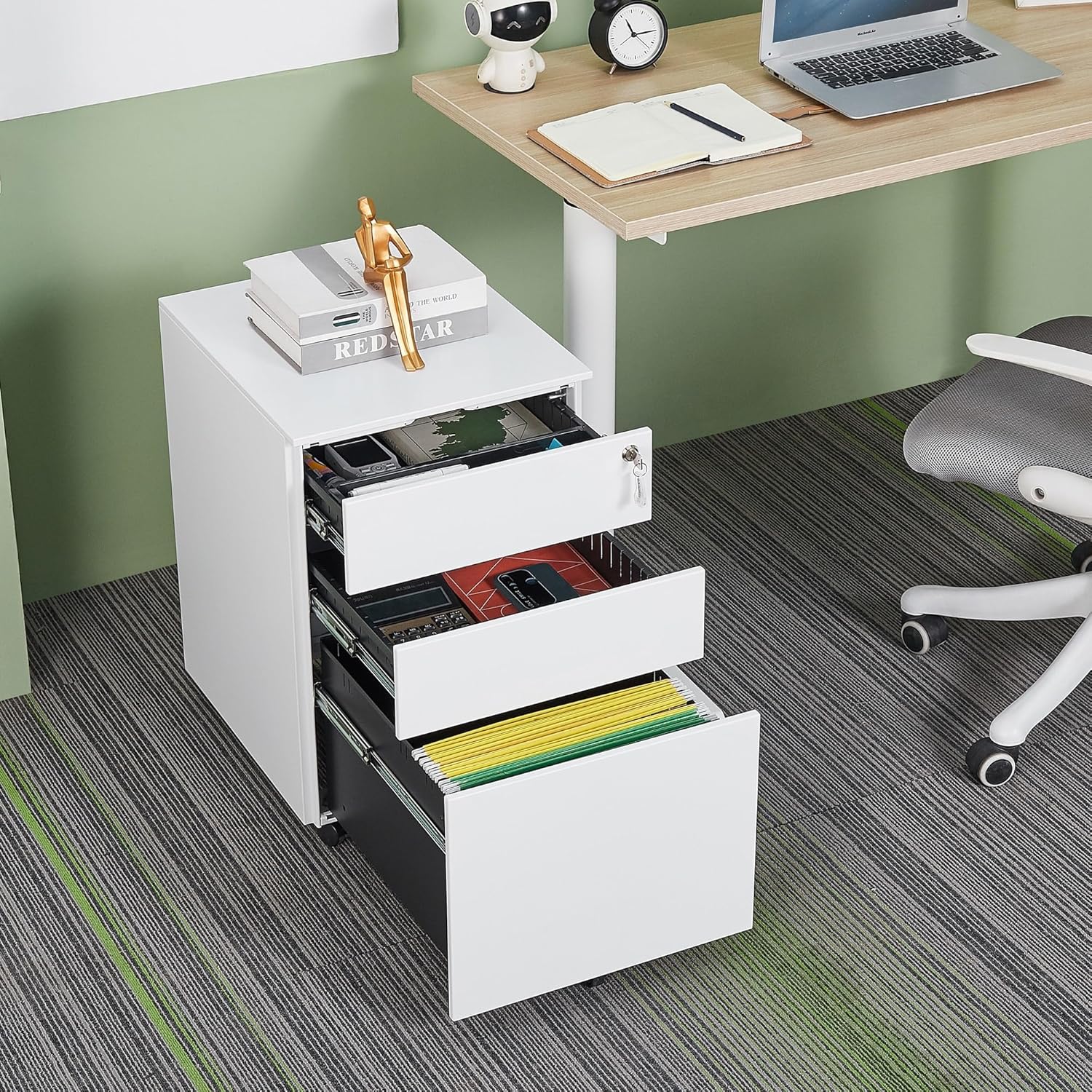 3 Drawer Mobile File Cabinet with Lock Steel for Legal/letter/a4/f4 Size Fully Assembled Include Wheels White Modern Contemporary Metal Locking