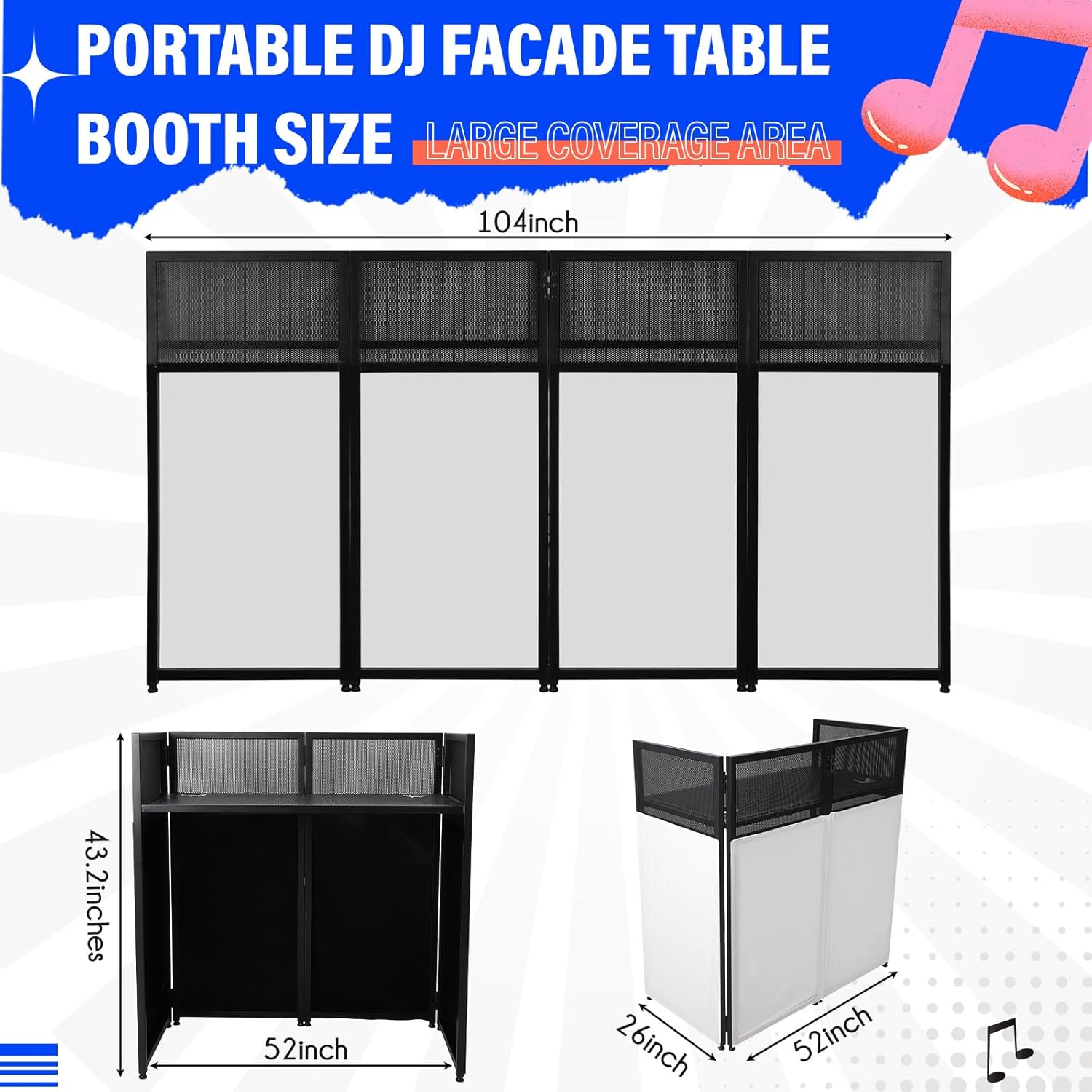 Portable DJ Facade Booth with White & Black Scrim, Foldable Table Station, Black Metal Frame Q241
