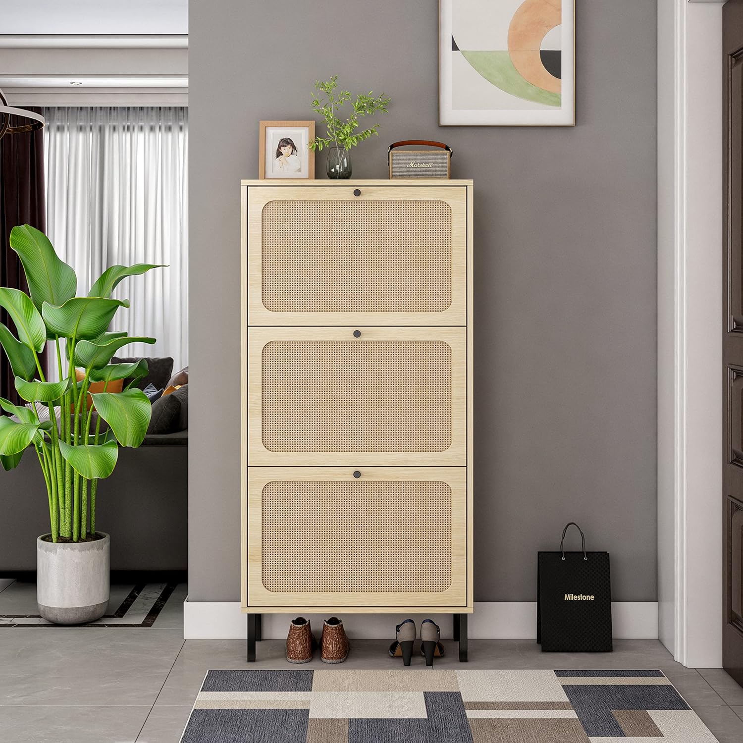Natural Rattan Freestanding Entryway Storage Cabinet, White+Walnut N399