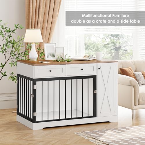 Wooden Dog Crate Furniture with Double Doors and Storage Cabinet for Small Medium Dogs, White H121