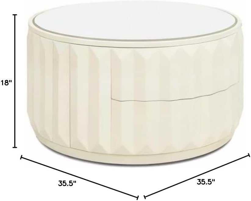 Jennifer Taylor Home JTH LUXE Wilson 35.5" Round Storage Coffee Table, White Lacquer Birchwood A9045