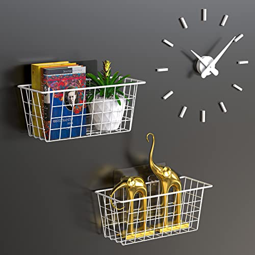 MaraFansie Wall Wire Baskets 2 Pack, White, No Drilling Adhesive Mount M2794