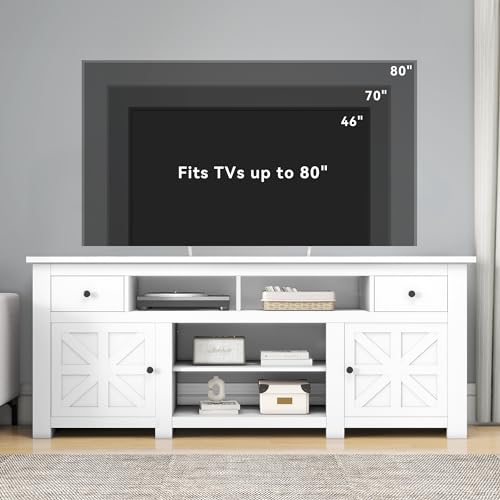 DWVO Farmhouse TV Stand with Power Outlet for TVs Up to 80 Inch, White P389
