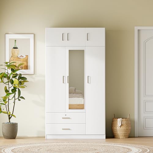 White 3-Door Wardrobe Closet with Drawer and Top Cabinet J149796