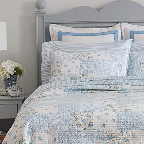 Laura Ashley King Cotton Reversible Quilt Set with Shams, Kenna Blue V86923
