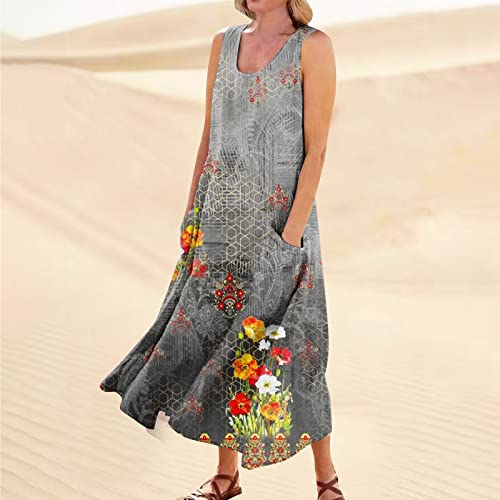 Casual Cotton Linen Sundress for Women with Pockets C94565