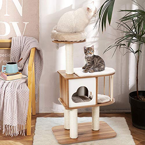 Tangkula Modern Wood Cat Tree, 46 Inches Cat Tower with Scratching Posts A163