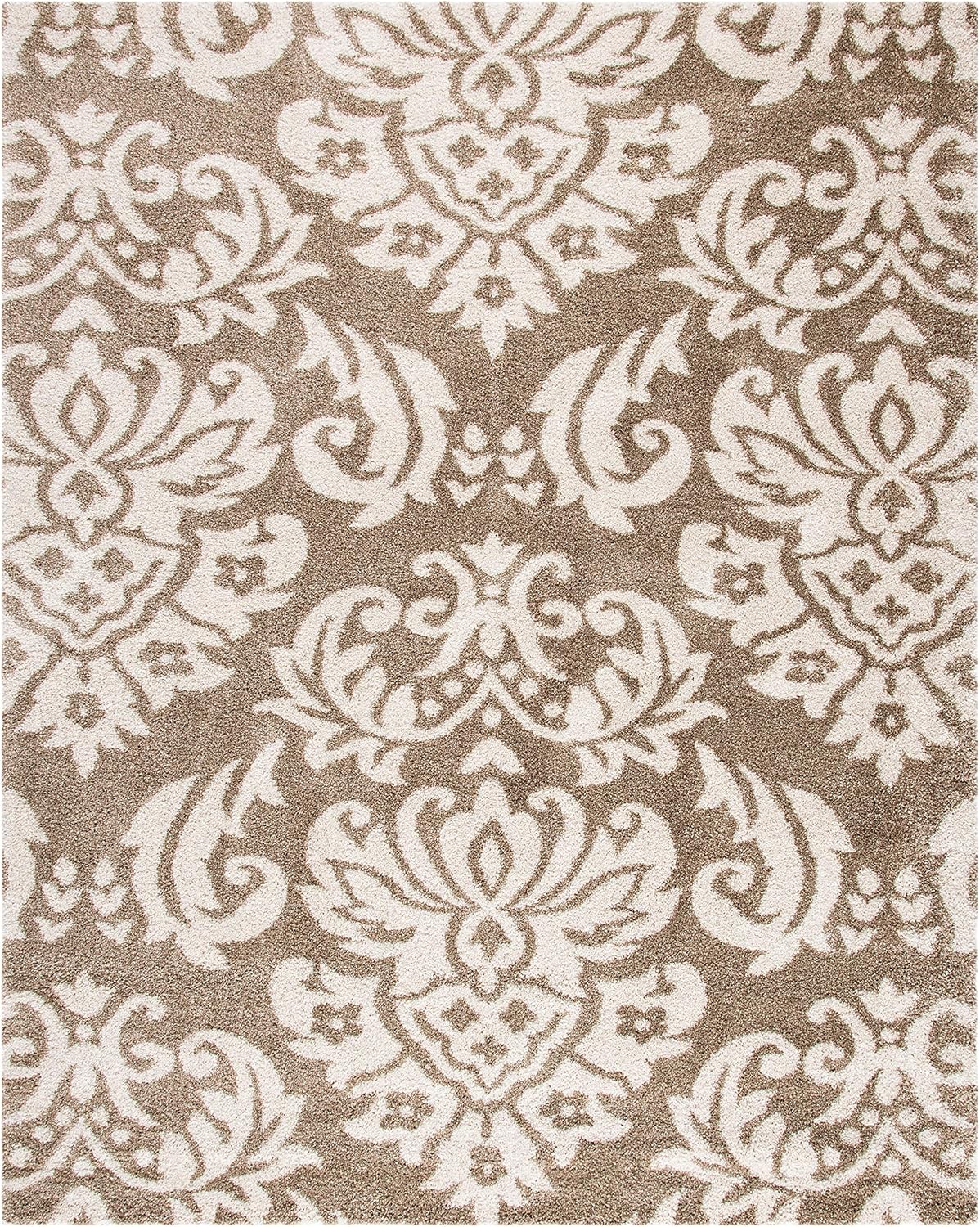 SAFAVIEH Florida Shag Collection Area Rug 6' x 9' Beige & Cream Damask Design O293