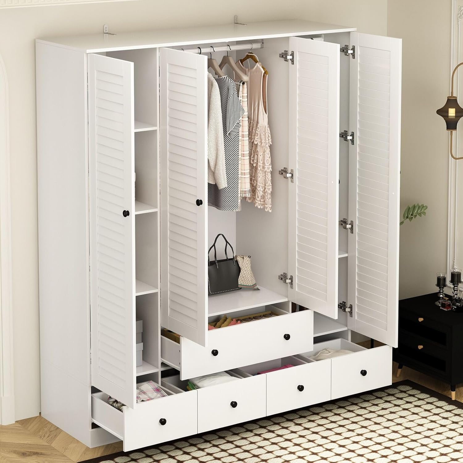 Rustic White Slat Door Wardrobe Closet with 5 Drawers and 4 Doors T542480