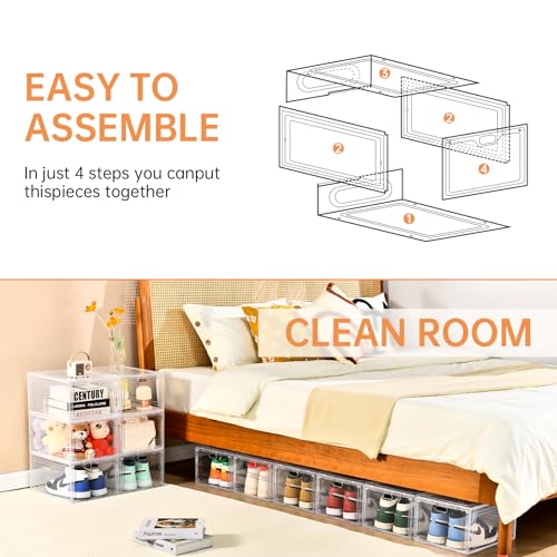 6 Pack Clear Plastic Stackable Shoe Box with Magnetic Door A851656