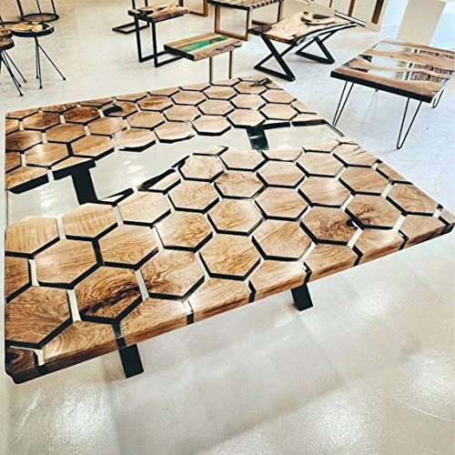 Epoxy Resin Dining Table with Hexagon Wood Top, 108 x 36 Inches P52273