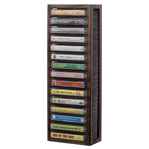 Cassette Tape Storage Rack Tower, 16-Slot Rustic Burnt Wood Q5509