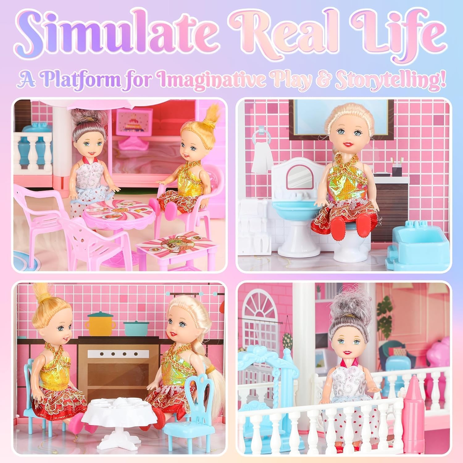 Doll House 4-Story 15 Rooms Playhouse with 3 Dolls, Lights, Furniture and Accessories R44733