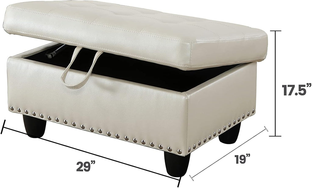 Faux Leather Square Storage Ottoman, Ivory White M241