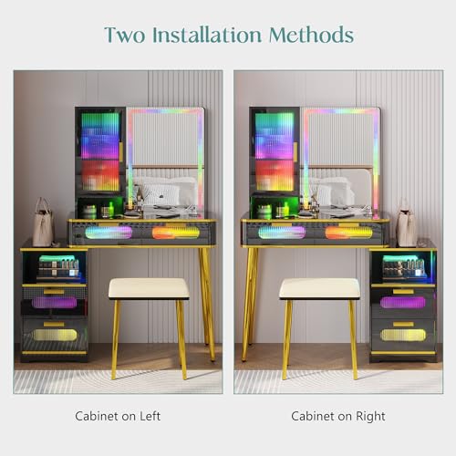 RGB LED Vanity Desk with Mirror and Lights, Charging Station, Black Q4438
